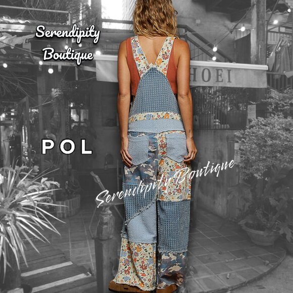 POL Boho Farm Girl Mixed Fabric Cotton Denim Floral Patch Suspender Strap Jeans - Picture 4 of 16